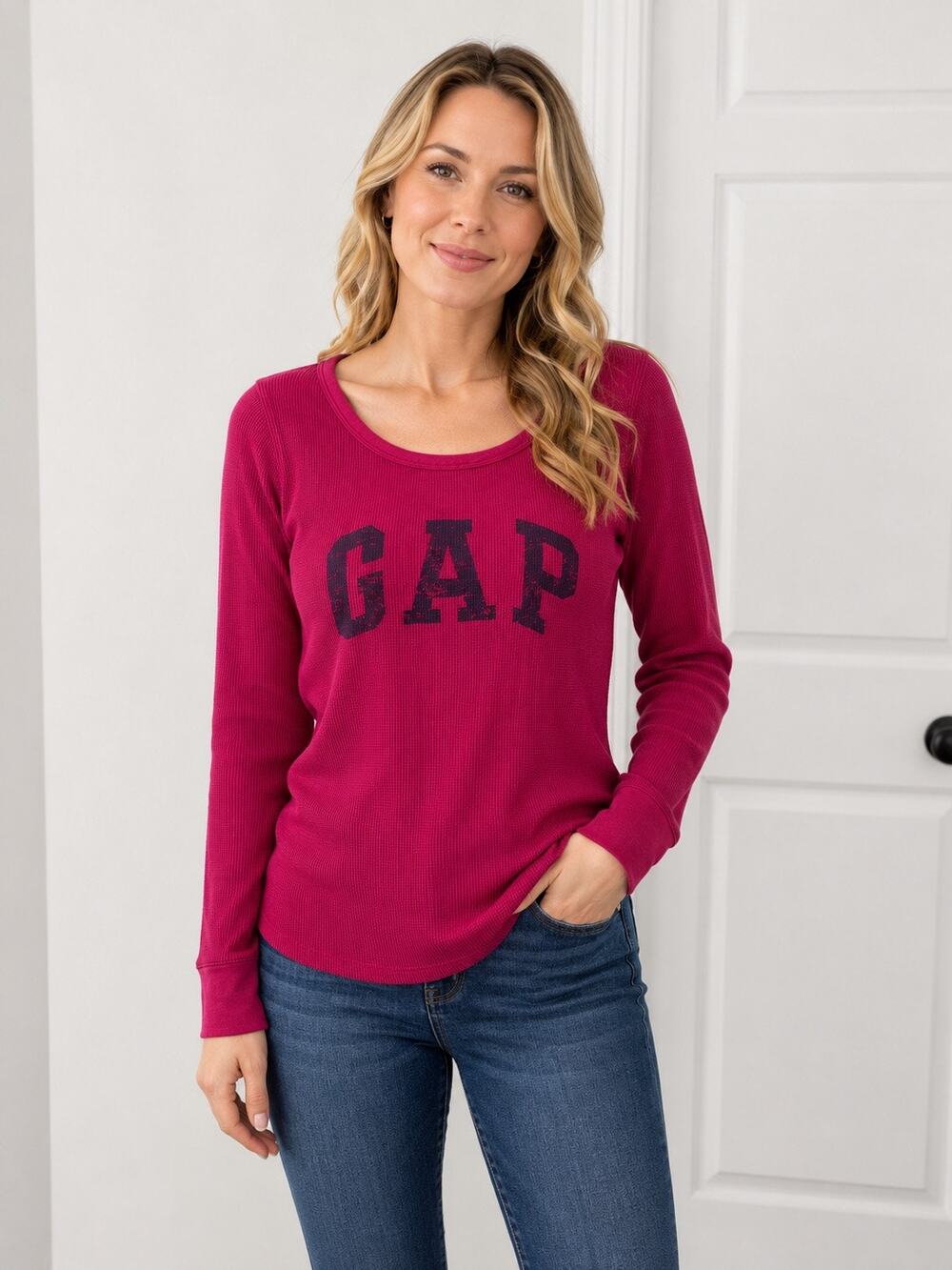 Gap Cranberry Logo Thermal Long Sleeve Top Waffle Knit Crew Neck Medium